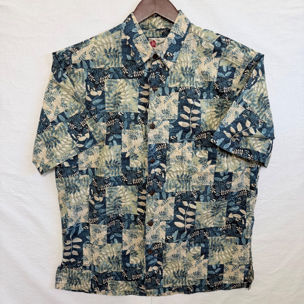 Hilo Hattie Hawaiian Shirt Mens L‎ Blue Floral Patchwork Aloha Made in Hawaii